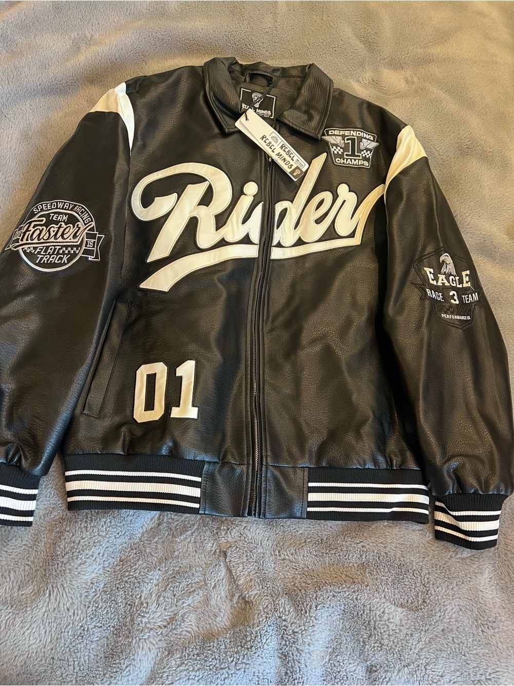 Rebel Mind’s Riders Script Black & White Varsity Bomber Jacket NWT Retro 90s